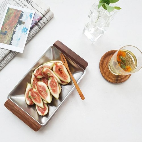 우디 디쉬 플레이트볼 국산 감성 캠핑 스텐 그릇 식기 접시 원목 손잡이, 1개, 월넛