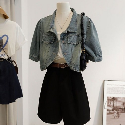 IWMAFT 여성 봄여름 데님 자켓 카라넥 버튼 포인트 퍼프 반팔 숏기장 슬림핏 체형보정 데일리 캐주얼 아우터 HY913