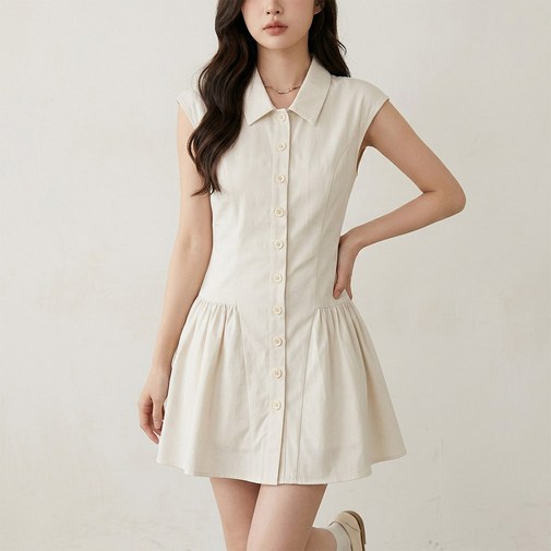 카밀라쇼룸 카라 핀턱 A라인 플레어 미니 반팔 셔츠 원피스