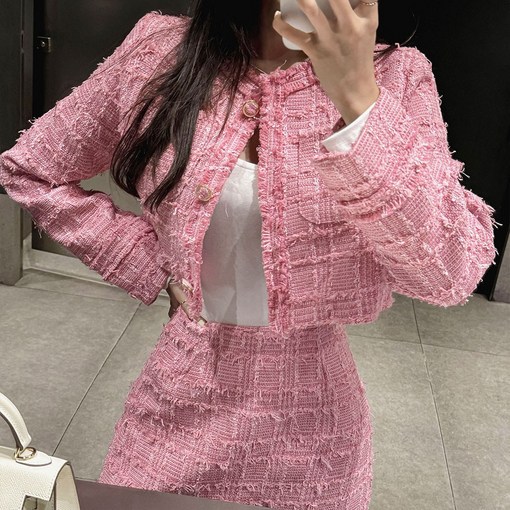 떳다그녀 릴리벨 트위드 재킷 치마 투피스 체크 수술 포켓자켓 H라인스커트 크롭자켓 미니 스커트 세트