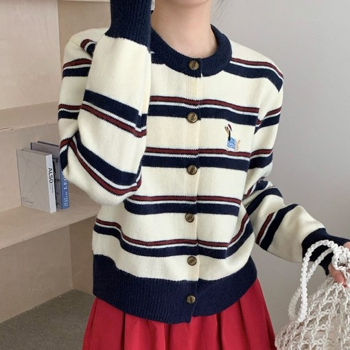 타니즈 로미트 여성 스트라이프 카라넥 니트 가디건