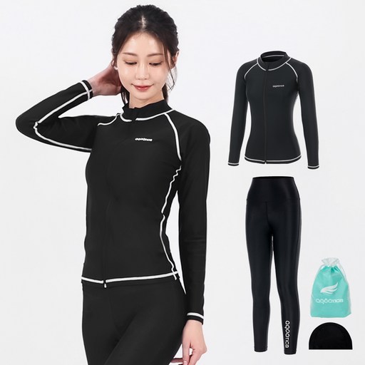 아쿠아티카 여성용 래쉬 가드 집업 상의 AQAWJP23004 + 워터 레깅스 AQAWLE23001 + 스판수모 + 비닐백 세트