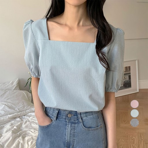 아피나르 여성용 스퀘어넥 깅엄 체크 시어서커 블라우스