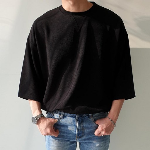 제이에이치스타일 남성용 루즈핏 엠보 트임 7부 반팔 티셔츠