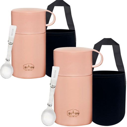 DIYOU 스텐 보온 도시락 죽통 600ml 2p + 스텐스윙 스푼 2p + 전용 파우치 2p 세트