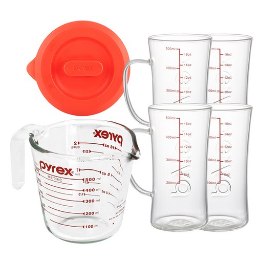 파이렉스 내열유리 오리지널 계량컵 500ml + 뚜껑 + 핸들 맥주컵 500ml x 4p 세트