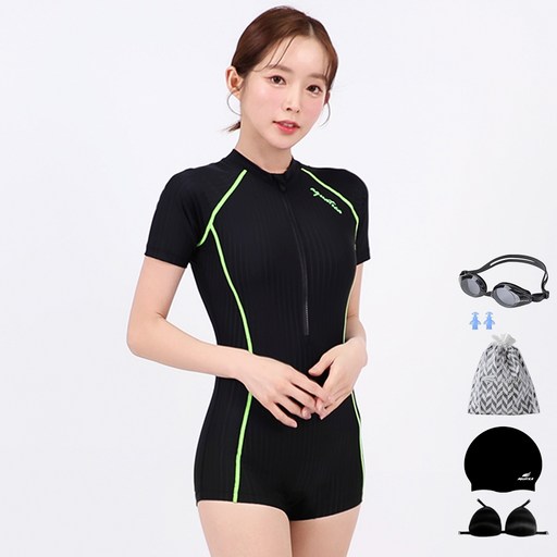 아쿠아티카 여성용 반팔 원피스 2부 수영복 AQA27511 + 일반용수경 6종세트