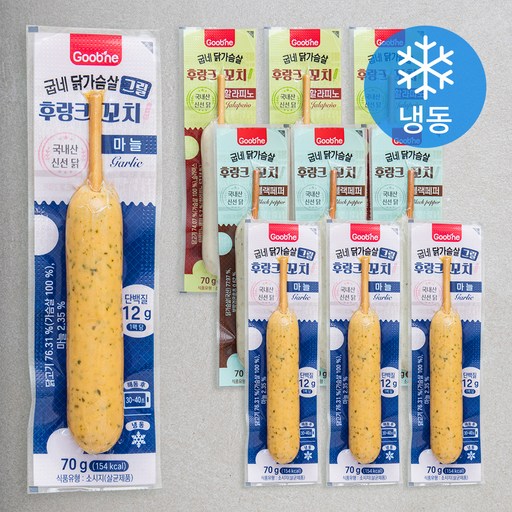 굽네 닭가슴살 후랑크 꼬치 마늘 70g x 4개입 + 블랙페퍼 70g x 3개입 + 할라피노 70g x 3개입 (냉동)