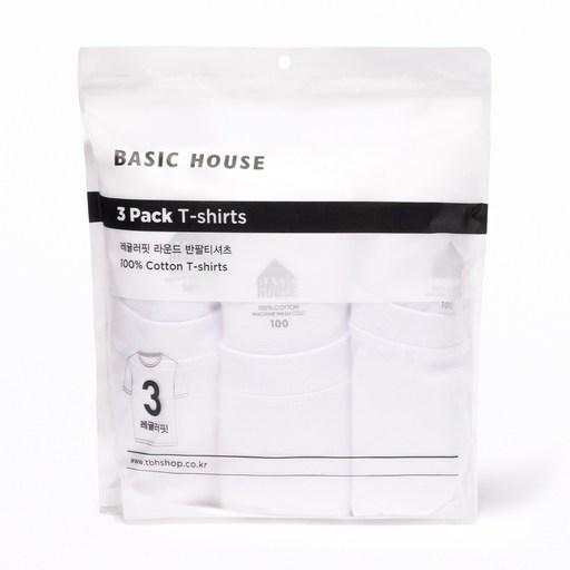 BASIC HOUSE 中性款純棉圓領短袖T恤組 HATS0101 3入, 白色