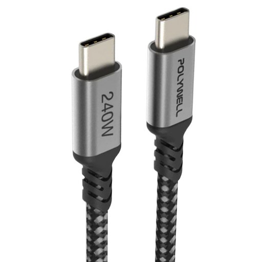 POLYWELL 寶利威爾 USB Type-C 240W 5A 快充編織線 長尾版, 1m, 黑色 + 灰色, 1條