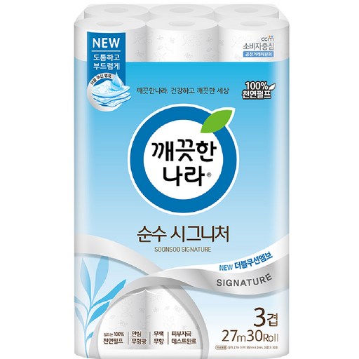 순수시그니처 천연펄프 화장지 27m 30롤 1팩 깨끗한나라의 부드럽고 안전한 선택