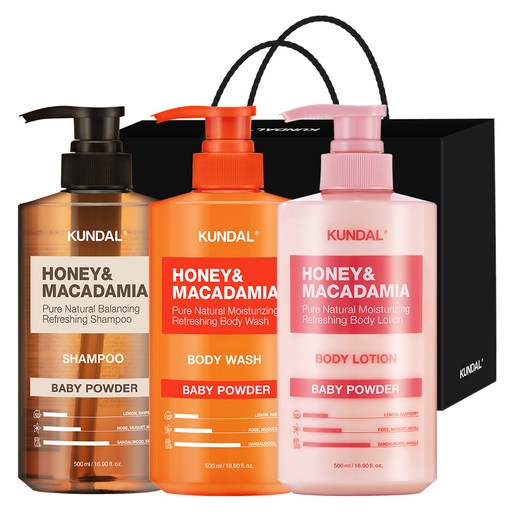 쿤달 샴푸 500ml + 바디워시 500ml + 바디로션 500ml 3구 선물세트 C 베이비파우더 + 쇼핑백 블랙
