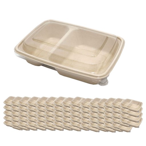 포장대장 일회용 펄프 사각용기 두칸 + 뚜껑 228 x 165 x 47 mm 800ml