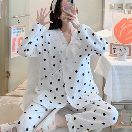 임산부 레이스카라 도트 수유잠옷 상하의 세트