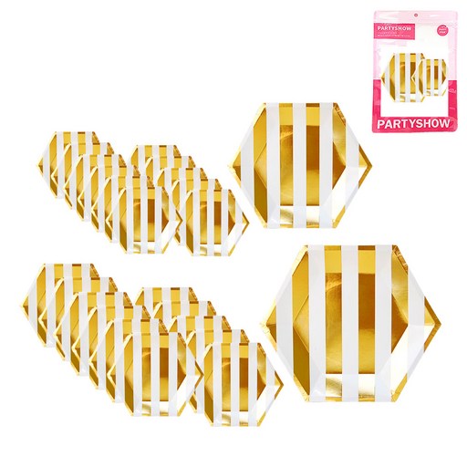 파티쇼 메탈릭 스트라이프 접시 골드 25cm 12p + 20cm 12p 파티 테이블 접시세트