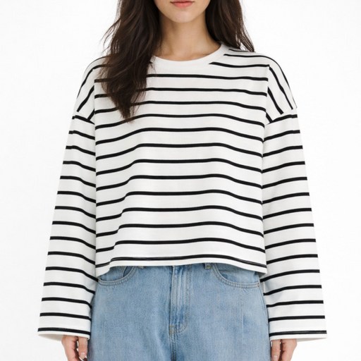 라라온 여성용 라운드넥 스트라이프 크롭 긴팔 티셔츠 26TSP3686
