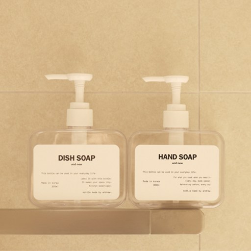 욕실 디스펜서 슬림형 리필 용기 300ml x 2p + 라벨 스티커 2종 x 2p 세트
