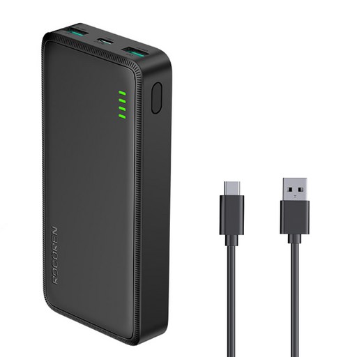 Rocoren 보조배터리 20000mAh 고속충전 대용량 잔량표시 슬림 iPhone Samsung용 휴대용 충전기