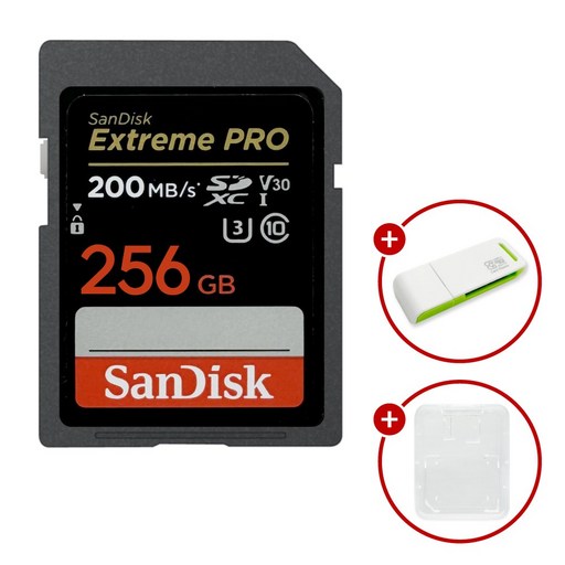 샌디스크 익스트림 프로 SD메모리카드 Extreme PRO UHS-I 256GB + SD카드 케이스 & 이엘 연두 SD카드 리더기