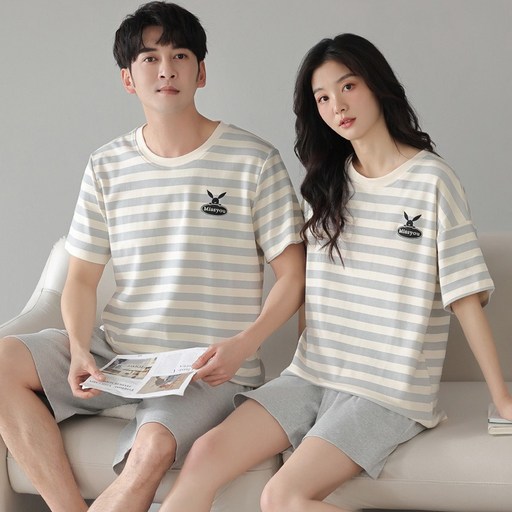 Wiseha 여름 면 커플 잠옷 세트 빅사이즈 패밀리 스트라이프 반팔 홈웨어