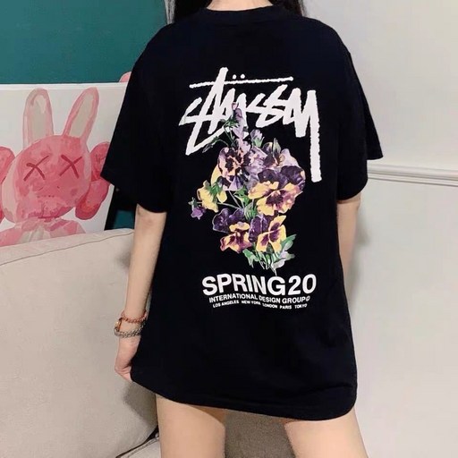 드랜드 STUSSY 여름 프리저브드꽃다발 여성 커플 같은스타일 라운드넥