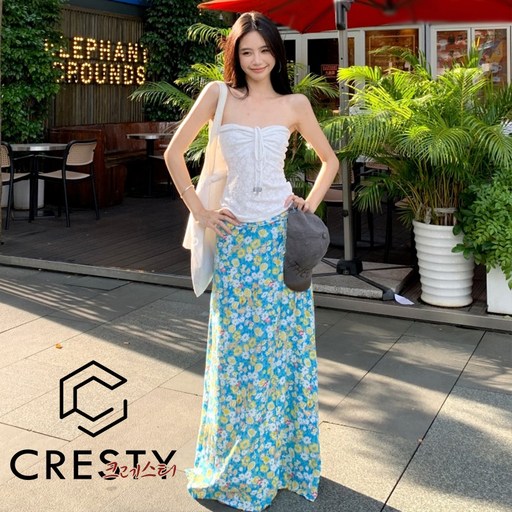 크레스티 여성 여름 셔링 오프숄더 티셔츠 롱 스커트 투피스 플라워 캐주얼 치마 세트