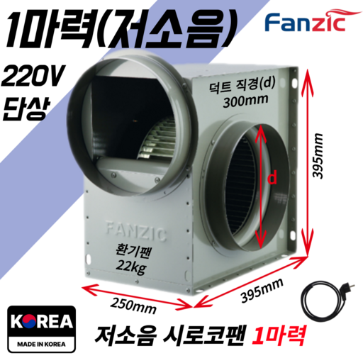팬직 저소음 소형 시로코팬 1마력 덕트 250mm 300mm 단상 220V TFB-G29ES+코드선 2M 포함