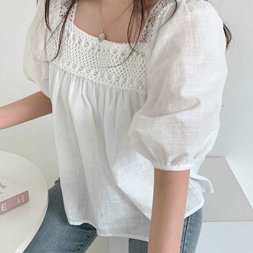 데일로엔 여성 린넨 스퀘어드넥 자수 블라우스 셔츠