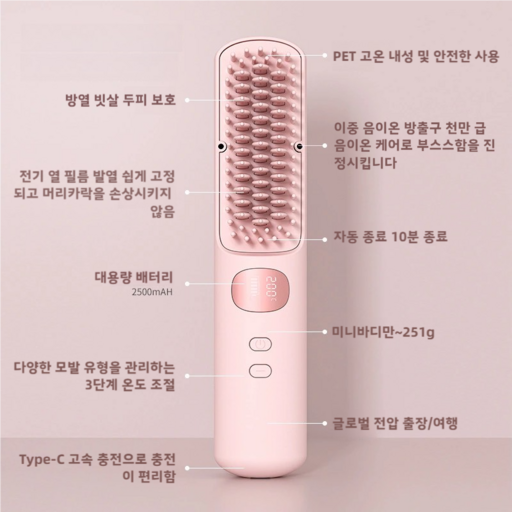 PYHO 휴대용 음이온 무선 스트레이트빗 뿌리볼륨 빗 매직기 고데기