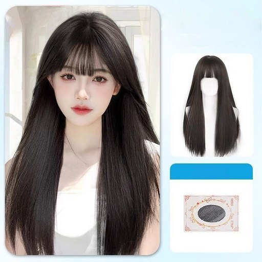 BIKASU 여성 긴머리 앞머리 가발 레이어드컷 패션 롱가발 + 가발망 세트 60cm