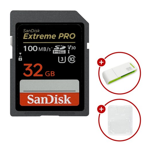 샌디스크 익스트림 프로 SD메모리카드 Extreme PRO UHS-I 32GB + SD카드 케이스 & 이엘 연두 SD카드 리더기