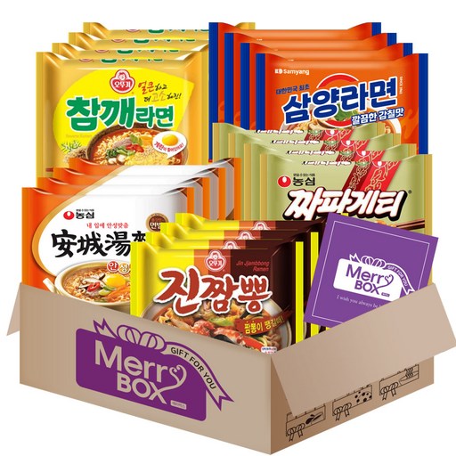 [메리박스] 봉지라면세트 (삼양라면4+안성탕면4+참깨4+진짬뽕4+짜파게티4)+메세지카드