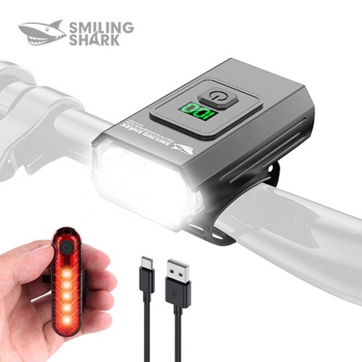 SmilingShark 공식스토어 자전거라이트 충전식 LED 전조등 및 레드 후미등 IPX6 방수 강력한 안전 야간 사이클 킥보드 자전거랜턴
