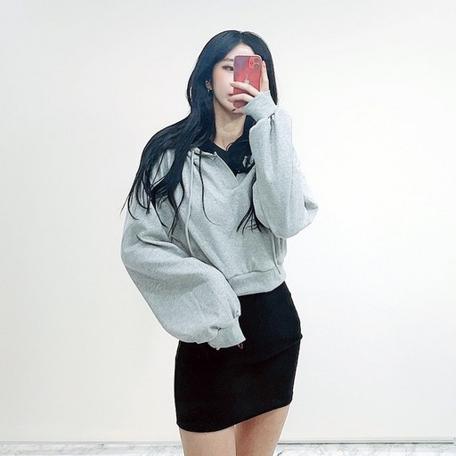 VANANA2 넥 트임 여성 간절기 신상품 그레이 크롭 후드 티셔츠