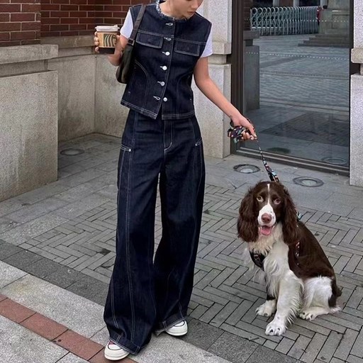 QEWBG  여성 캐주얼 데님 투피스 베스트 팬츠 세트