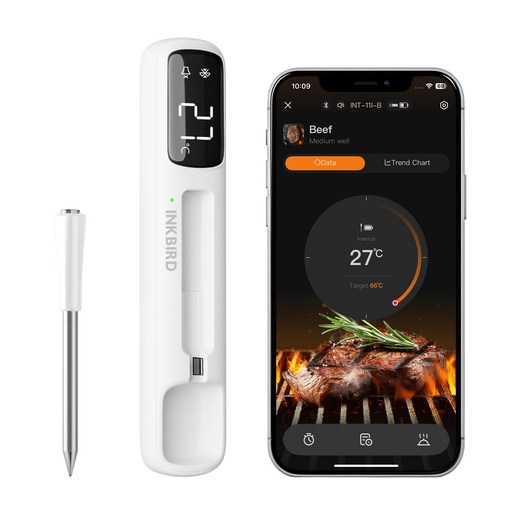 INKBIRD 실내외 블루투스 바베큐 온도계는 조리시간과 다양한 온도경보를 지원하며 500mAH 내장 리튬배터리 식품 조리 온도계 바비큐 그릴 오븐용