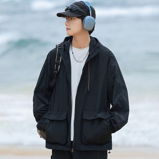 BIKASU 남성 여름 바람막이 자켓 경량 집업 후드 스트링 윈드브레이커 자외선차단 아노락 점퍼
