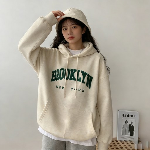 ANYOU 여성 후드티 스탠다드핏 오버사이즈 자수레터링 후드 맨투맨