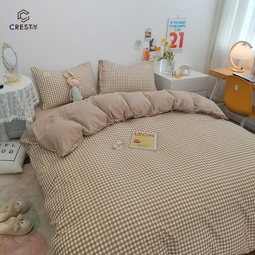 크레스티 홈 프리미엄 구름 면 편안한 체크 이불커버 부드럽고 사계절 침구 4종 세트