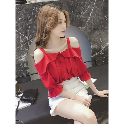화이트 여성 반팔 여름 오픈숄더 프릴 소매 오프숄더 어깨트임 셔츠