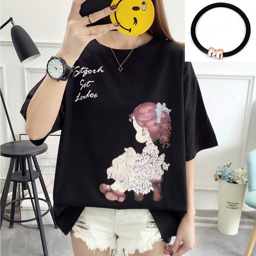 미르마루 빅사이즈여성의류 리본소녀 + 머리끈 세트 Free~99 반팔 티셔츠 여름 박스티 박시핏 루즈핏 라운드 면티 프린팅 여자