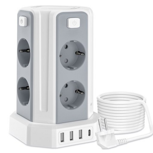과부하차단 USB 타워 멀티탭 - 블랙 - 3M 전선 - USB 멀티탭 12구 (8소켓 3*USB-A 1*USB-C) KC 인증서 취득