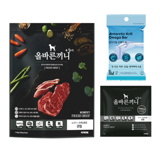 올바른끼니 플러스-소고기 초록입홍합(관절건강) 강아지사료 _ 60%생육, 100%휴먼그레이드, 스팀공법 영양식 강아지밥 + 오메가바 5P, 1.25kg, 1개, 소