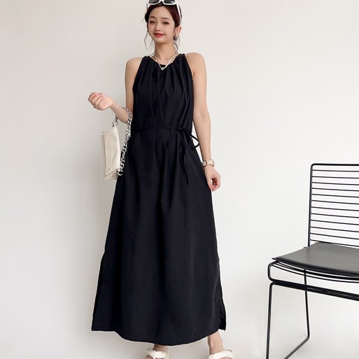 더시럽 여성용 홀터넥 심플 맥시 롱 원피스