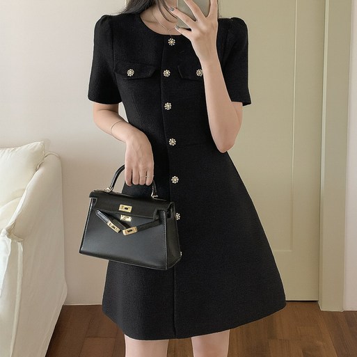 떳다그녀 마리엣 트위드 버튼 클래식 오피스룩 반팔 하객룩 포멀 드레스 A라인 플레어 미니원피스