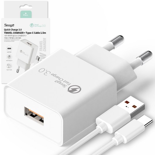 서가 퀵차지 QC3.0 18W USB 고속충전기 + C타입 케이블 2m 세트, 화이트, 1개