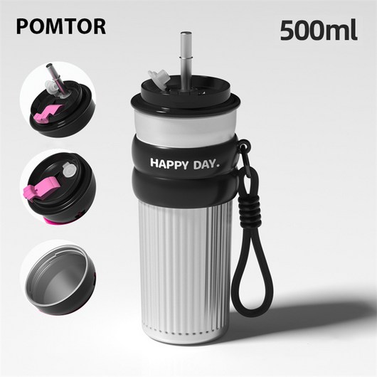 POMTOR 메가커피텀블러 보냉컵 스텐컵 대용량 텀블러, 1개, 500ml, 블랙