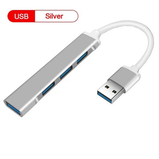 4 USB 금속 컴퓨터 포트 타입 4in1 알루미늄 태블릿 휴대폰용 C PC 3 노트북 스플리터 어댑터 0 허브, USB Silver