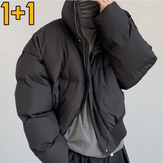 1+1 남녀공용 경량 숏 패딩점퍼 포켓 지퍼 버튼 긴팔 숏 겨울 점퍼 자켓 MY-005