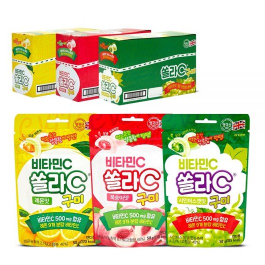 고려은단 쏠라C 비타민C 구미 레몬맛 8개 + 복숭아맛 8개 + 샤인머스캣맛 8개 (총 24개), 복숭아맛 8개입 X 3개